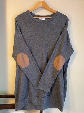 CHERISH Charcoal Grey Long Sleeve Top Brown Suede Elbow Patches Cozy L